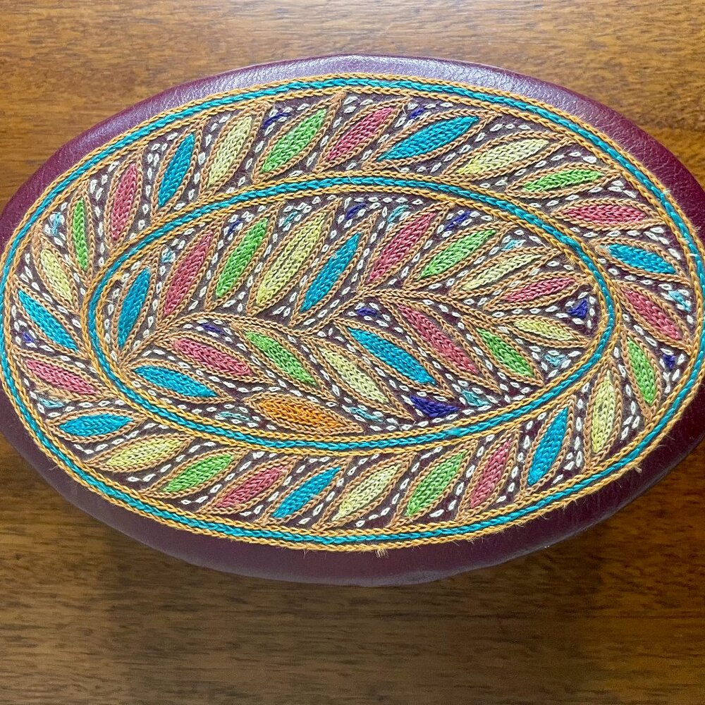 Oval Leather Box w/ Needlework Lid Jewelry Trinket Box Handcrafted